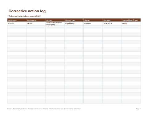 Preview of the first page of Corrective action log (XLSX)