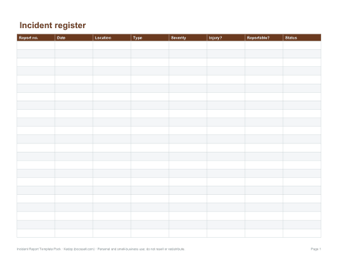 Preview of the first page of Incident register (XLSX)
