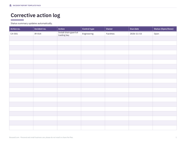 Preview of Corrective Action Log Template