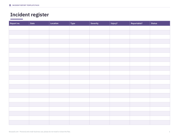 Preview of Printable Incident Register Template
