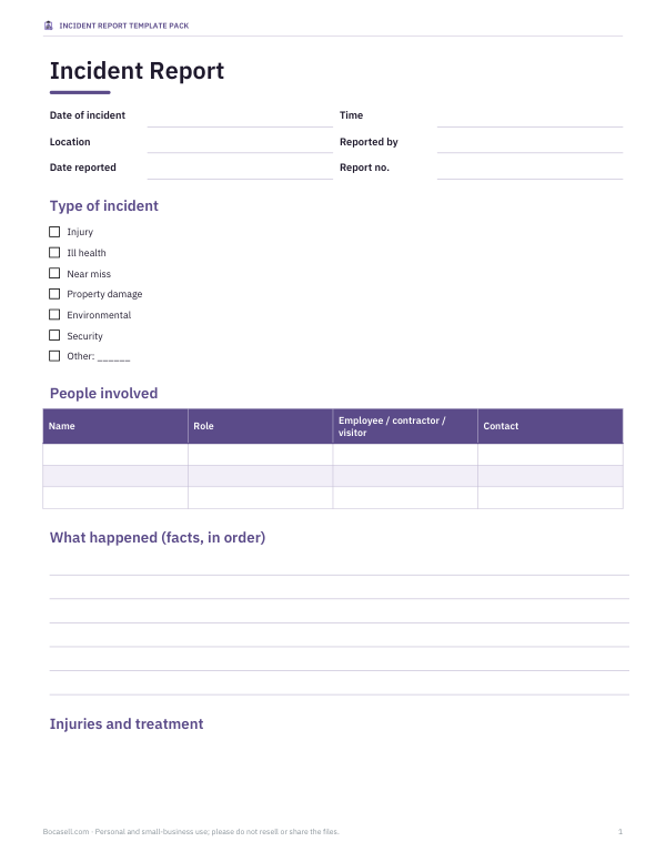 Preview of Printable Incident Report Form