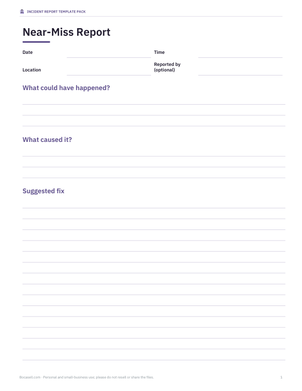 Preview of Printable Near-Miss Report Template
