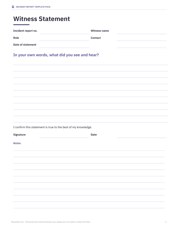 Preview of Printable Witness Statement Form